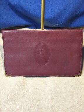 Vintage Cartier Burgundy Leather Envelope Clutch with Gold Corners $100